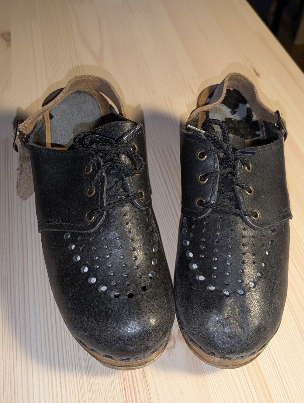 Vtg Sven Swedish Clogs Black Leather Wooden Lace Slingback Clogs Shoes 38 7.5